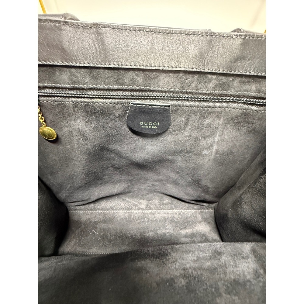 Gucci Vintage Black Leather Tote Bag Gold G Logo Hardware Square Handbag - Picture 11 of 14